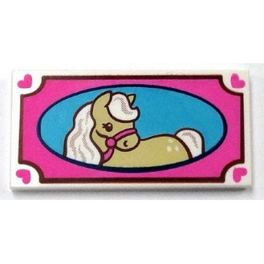 white tile 2 x 4 with dark pink picture frame and tan horse pattern