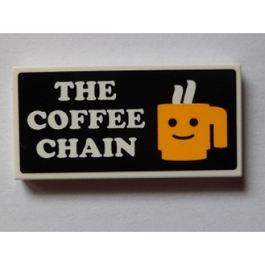 white tile 2 x 4 with the coffee chain and yellow cup with minifigure smile pattern sticker - set 60097