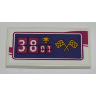 white tile 2 x 4 with 3801 38:01 trophy and checkered flags pattern sticker - set 41121