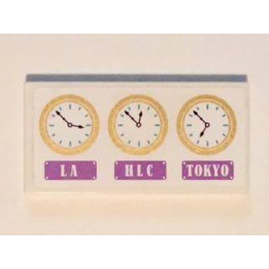 white tile 2 x 4 with 3 gold clocks and la hlc and tokyo pattern sticker - set 41101
