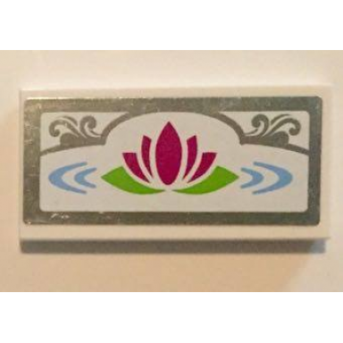 white tile 2 x 4 with magenta water lily and silver mirrored border with scroll pattern sticker - set 41058