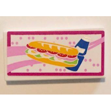 white tile 2 x 4 with sandwich and blue drink bottle with magenta border pattern sticker - set 41058