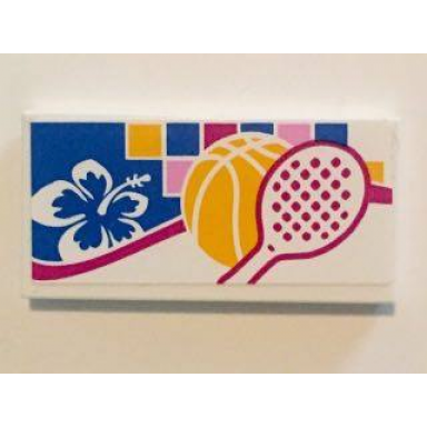 white tile 2 x 4 with white and blue flower basketball and tennis racket pattern sticker - set 41058