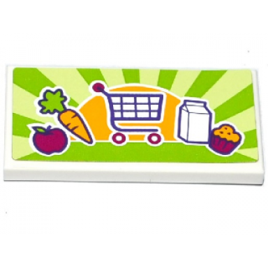 white tile 2 x 4 with apple carrot shopping cart trolley milk carton and cupcake pattern sticker - set 41118