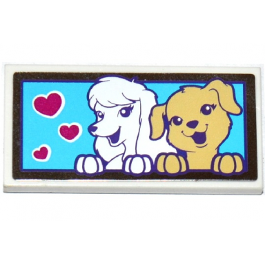 white tile 2 x 4 with 2 dogs and 3 magenta hearts on medium azure background pattern sticker - set 41124