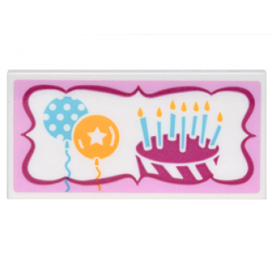 white tile 2 x 4 with sign with 2 balloons birthday cake with 7 candles in magenta and bright pink frame pattern sticker - set 41132