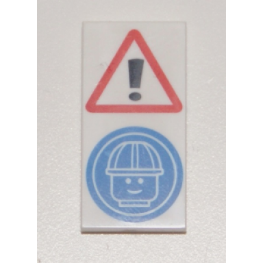 white tile 2 x 4 with exclamation mark in warning triangle and minifigure head with construction helmet pattern