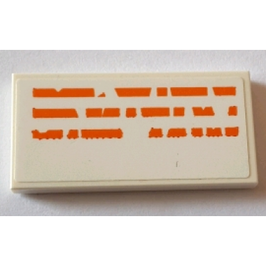 white tile 2 x 4 with 3 dotted orange lines stylized alien characters pattern sticker - set 75144