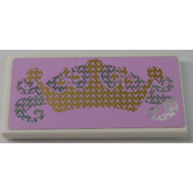white tile 2 x 4 with gold crown and silver swirl pattern sticker - set 41055