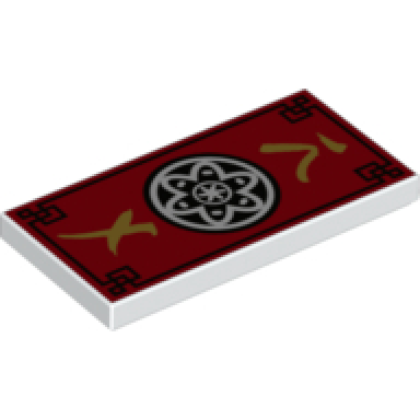 white tile 2 x 4 with red background and ninjago black with white flower medallion pattern
