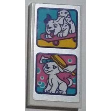 white tile 2 x 4 with puppy on skateboard and dog grooming with brush pattern sticker - set 41300
