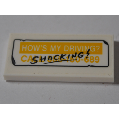 white tile 2 x 4 with hows my driving? on yellow background yellow call 555-150-689 on white background and black shocking! pattern sticker - set 76083