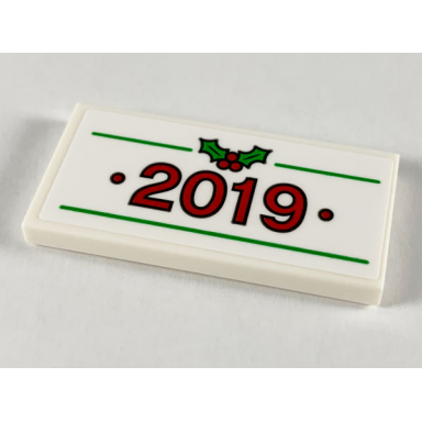 white tile 2 x 4 with red 2019 green lines and holly with red berries pattern sticker - set 40337