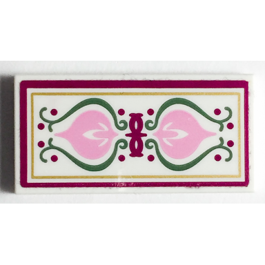 white tile 2 x 4 with bright pink crest and sand green scrollwork pattern sticker - set 41068