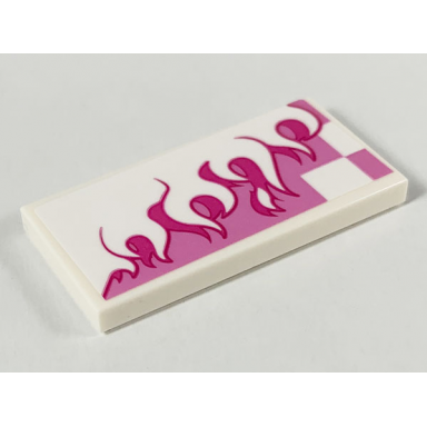 white tile 2 x 4 with white and magenta flames over dark pink checkered background pattern model left side sticker - set 80009