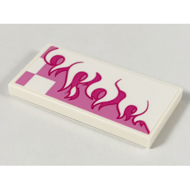white tile 2 x 4 with white and magenta flames over dark pink checkered background pattern model right side sticker - set 80009