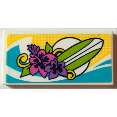 white tile 2 x 4 with lime surfboard dark pink and medium lavender hibiscus flowers and medium azure wave pattern sticker - set 41315