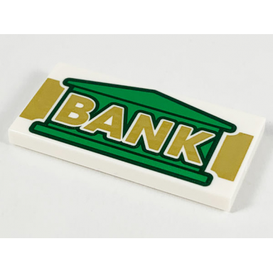 white tile 2 x 4 with green bank building and gold bank pattern