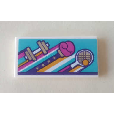 white tile 2 x 4 with weights boxing glove and tennis racket on medium azure background pattern sticker - set 41312