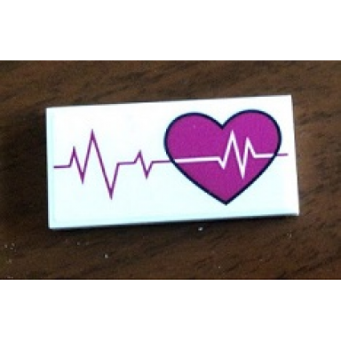 white tile 2 x 4 with magenta heart and heart beat line pattern sticker - set 41318