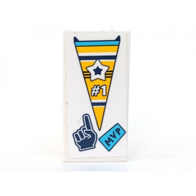 white tile 2 x 4 with yellow pennant with star and 1 dark blue mvp and pointing finger hand pattern sticker - set 41328