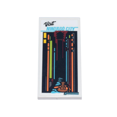 white tile 2 x 4 with poster visit ninjago city streetscape and minifigure paddling on river pattern sticker - set 71741