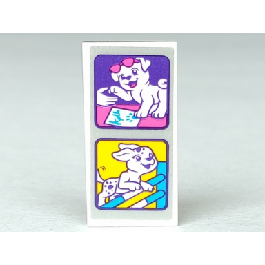 white tile 2 x 4 with puppy in pink sunglasses shaking a paw and obstacle jumping pattern sticker - set 41300