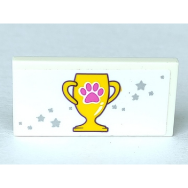 white tile 2 x 4 with pink paw print on trophy and silver stars pattern sticker - set 41300
