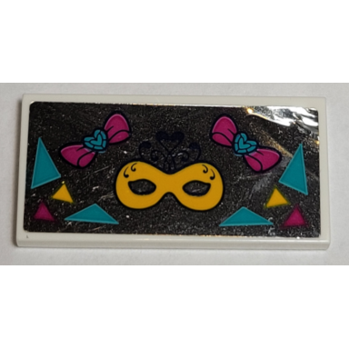 white tile 2 x 4 with triangles bright light orange mask and magenta and dark turquoise bows on mirrored background pattern sticker - set 41344