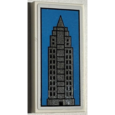 white tile 2 x 4 with blue and silver empire state building pattern sticker - set 21330