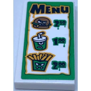 white tile 2 x 4 with menu burger 250 soda 100 and fries 200 pattern sticker - set 31104