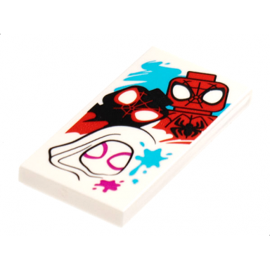 white tile 2 x 4 with spidey spider-man miles morales and gwen pattern