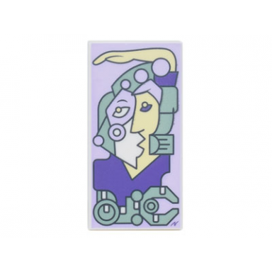 white tile 2 x 4 with modern art cubist painting with lavender sand green and dark purple picasso style portrait pattern