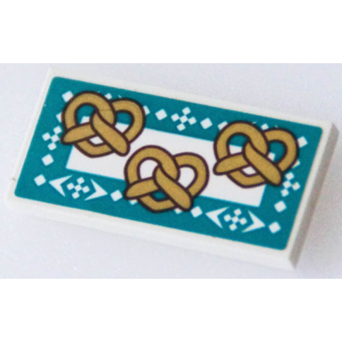 white tile 2 x 4 with 3 pretzels dark turquoise border with white squares and arrows pattern sticker - set 41167