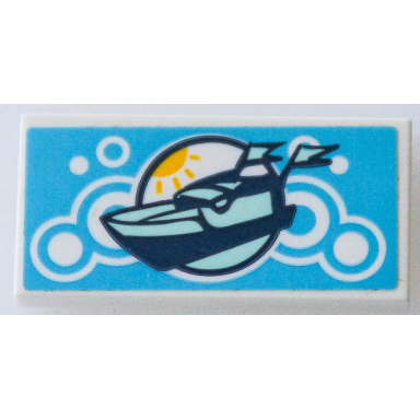 white tile 2 x 4 with dark blue and light aqua boat yellow sun and medium azure circles pattern sticker - set 41433