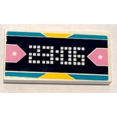 white tile 2 x 4 with black screen with white 23:06 bright pink trapezoids with stars and yellow and medium azure border pattern sticker - set 41372