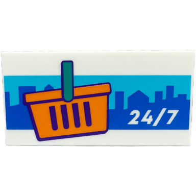 white tile 2 x 4 with 24 7 orange shopping basket with dark turquoise handle and blue city landscape background pattern