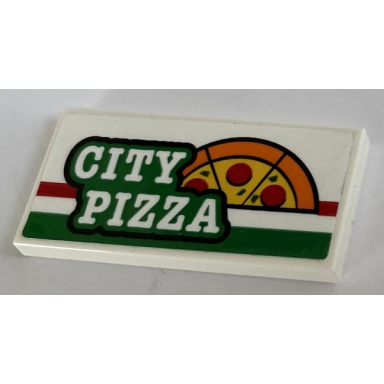 white tile 2 x 4 with city pizza red and green stripes and orange black and yellow half pizza pattern sticker - set 60292