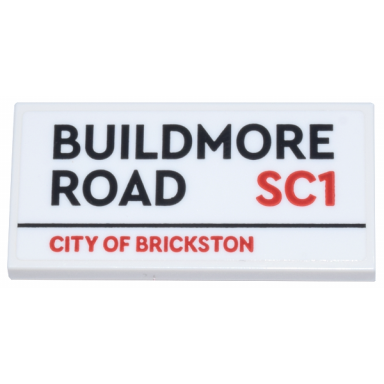 white tile 2 x 4 with black buildmore road and red sc1 and city of brickston pattern sticker - set 21347