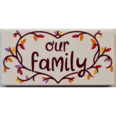 white tile 2 x 4 with reddish brown our family in heart shaped branch with red orange yellow and medium lavender leaves pattern