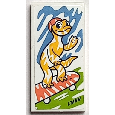 white tile 2 x 4 with painting of bright light orange gecko popcorn on coral skateboard with liann signature on dark azure and lime background pattern sticker - set 41739