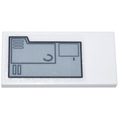 white tile 2 x 4 with light bluish gray and black mechanical panel with tab and dark bluish gray rectangles and curve pattern model left side sticker - set 75357