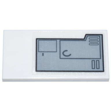 white tile 2 x 4 with light bluish gray and black mechanical panel with tab and dark bluish gray rectangles and curve pattern model right side sticker - set 75357