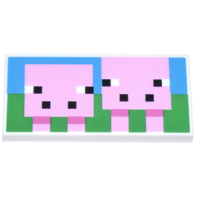white tile 2 x 4 with pixelated bright pink minecraft pig and baby pig on green grass and dark azure sky background pattern