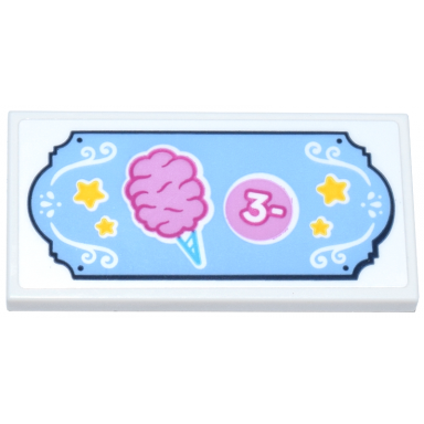 white tile 2 x 4 with medium blue sign with dark pink and bright pink cotton candy and coin white filigree and number 3 yellow stars pattern sticker - set 42643