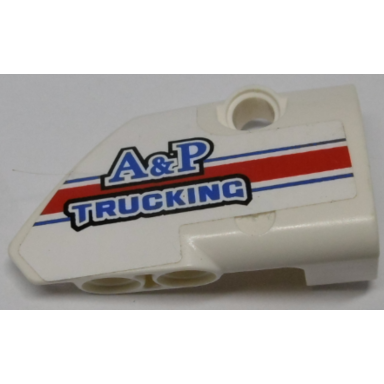 white technic panel fairing 2 small smooth short side b with blue red and white stripes and a p trucking pattern sticker - set 8071