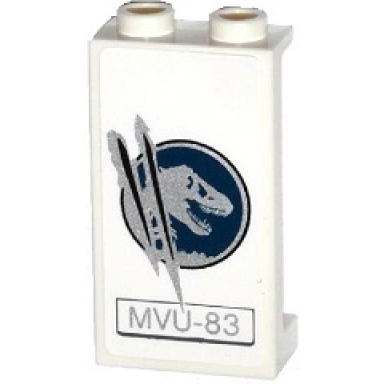 white panel 1 x 2 x 3 with side supports - hollow studs with dark blue and silver jurassic world logo mvu-83 and claw scratch marks pattern model left side sticker - set 75917