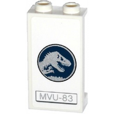 white panel 1 x 2 x 3 with side supports - hollow studs with dark blue and silver jurassic world logo and mvu-83 pattern model right side sticker - set 75917