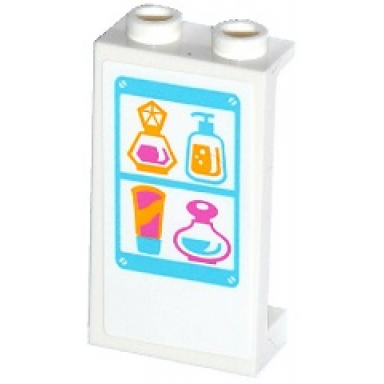 white panel 1 x 2 x 3 with side supports - hollow studs with perfume bottles on medium azure shelves pattern sticker - set 41100