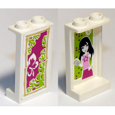 white panel 1 x 2 x 3 with side supports - hollow studs with girl on inside and magenta and white flower on outside pattern stickers - set 41058